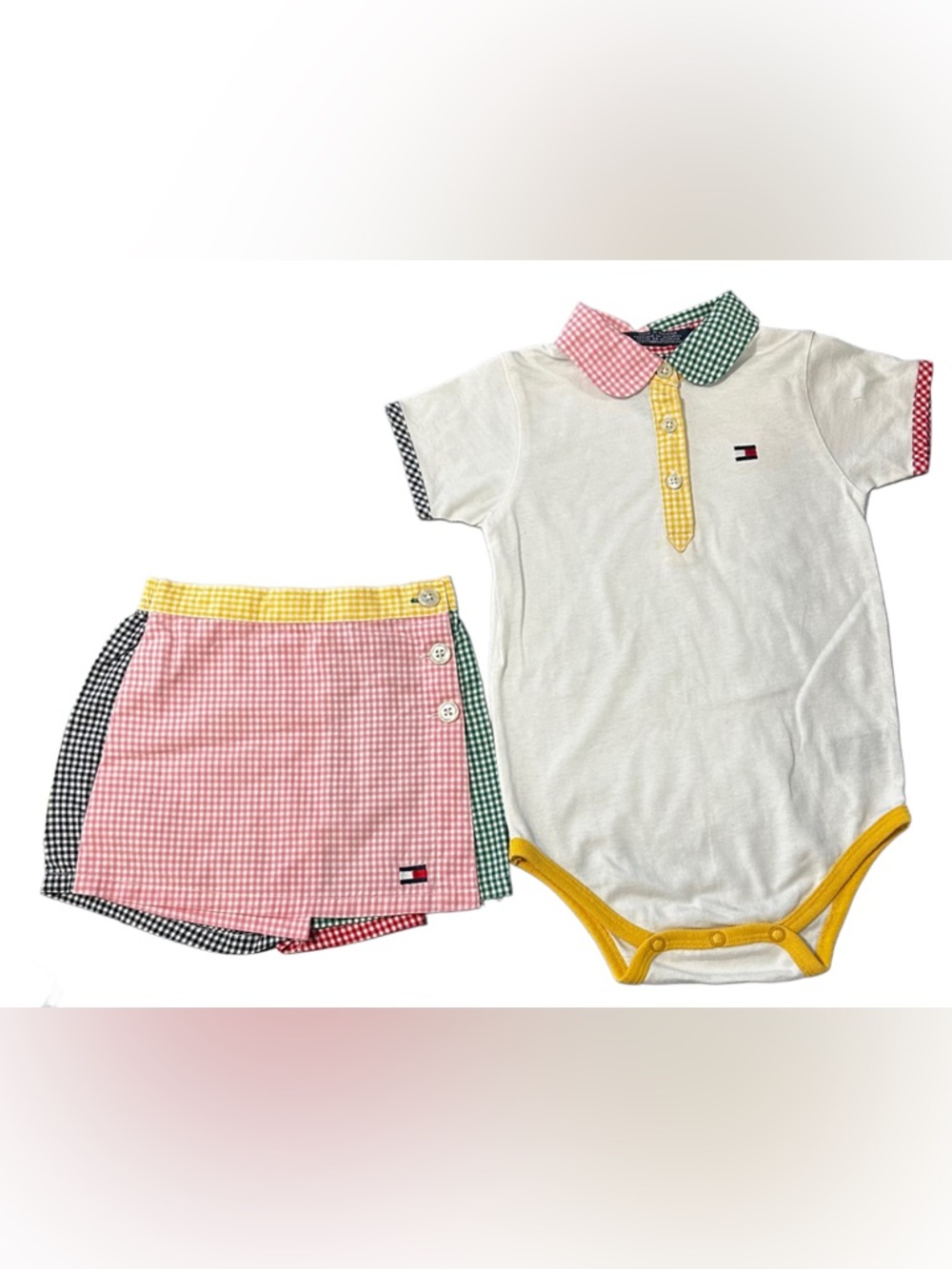 VTG Tommy Hilfiger Baby Girl Gingham Romper & Skort Set | 18-24M Like New